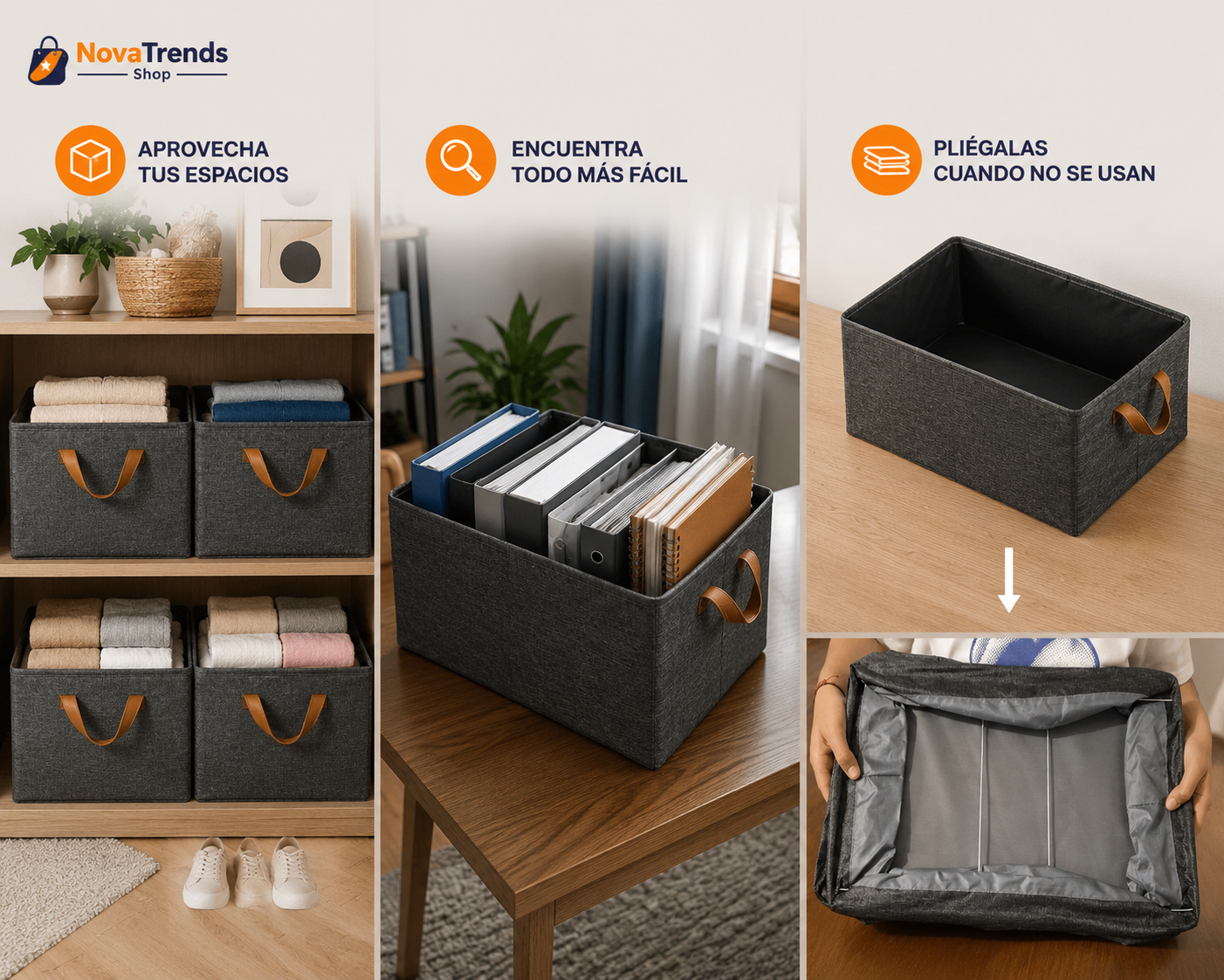 Canastas Organizadoras Plegables con Asas Pack de 3 o Pack de 6