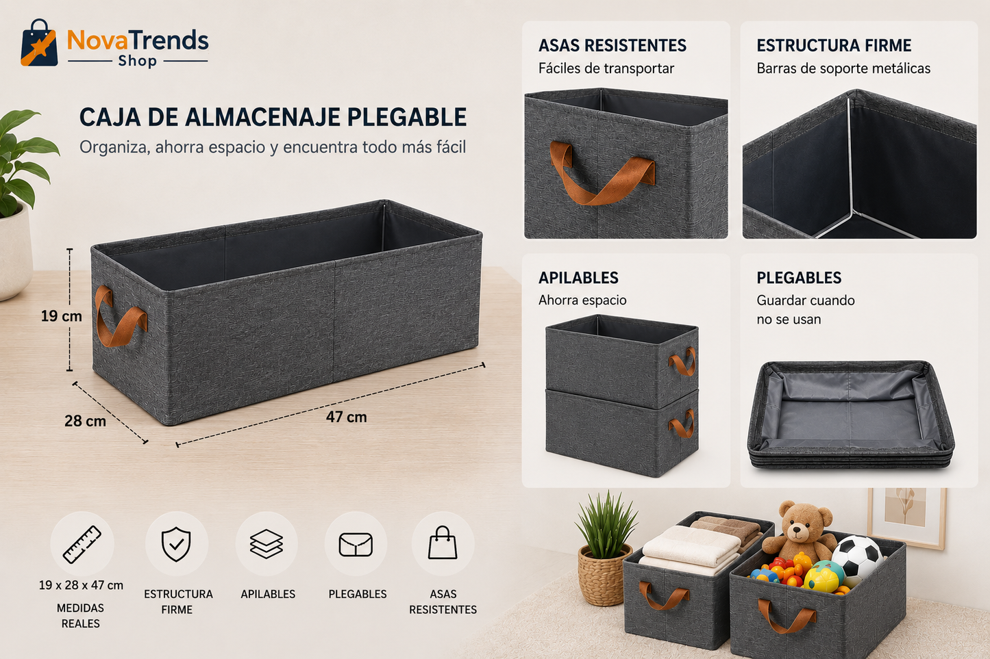 Canastas Organizadoras Plegables con Asas Pack de 3 o Pack de 6