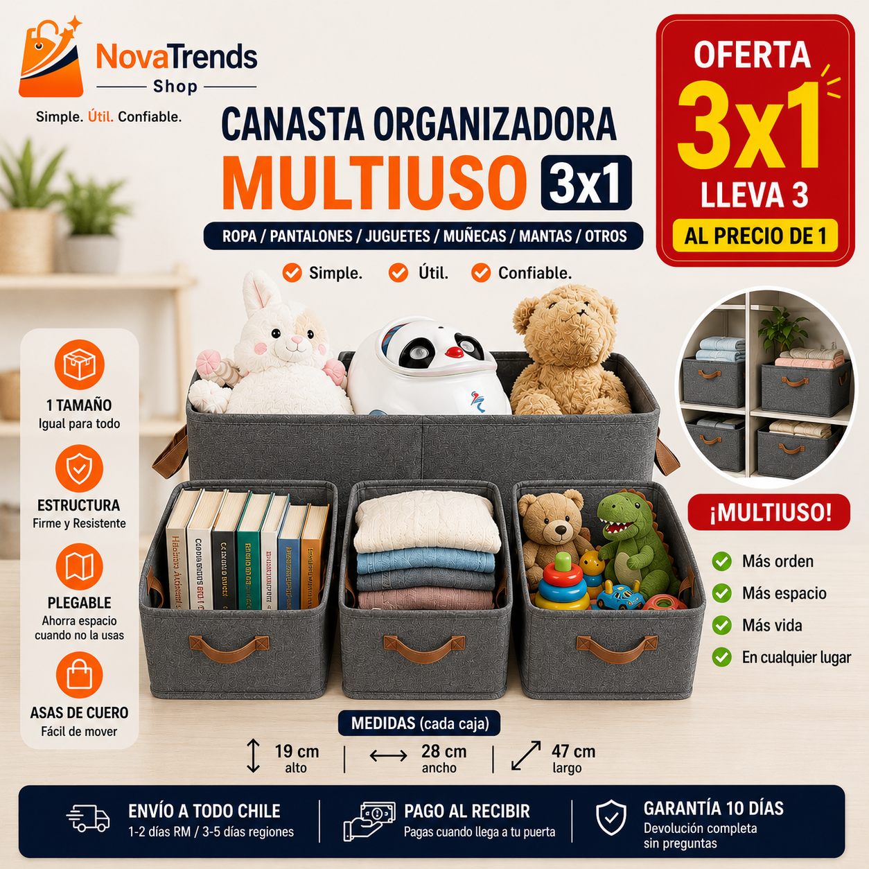 Canasta Organizadora Plegable Multiuso 3x1 unidades