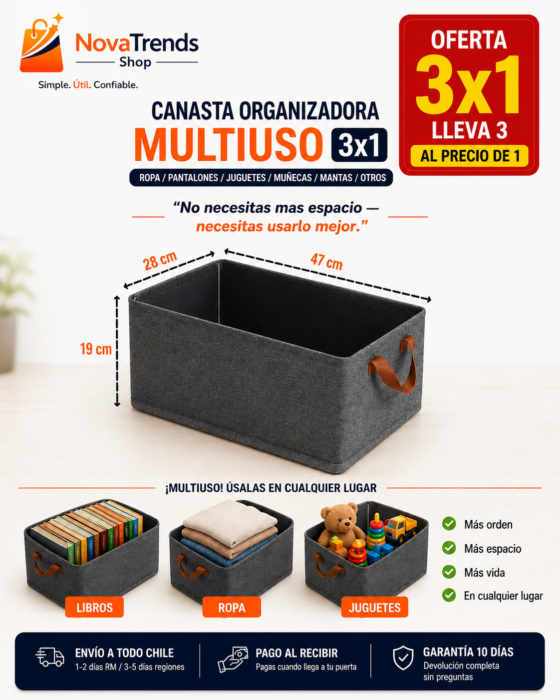 Canasta Organizadora Plegable Multiuso 3x1 unidades