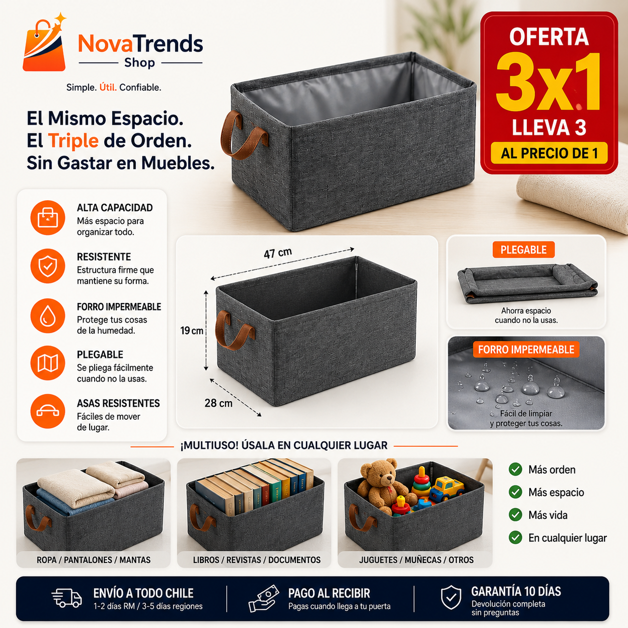 Canasta Organizadora Plegable Multiuso 3x1 unidades