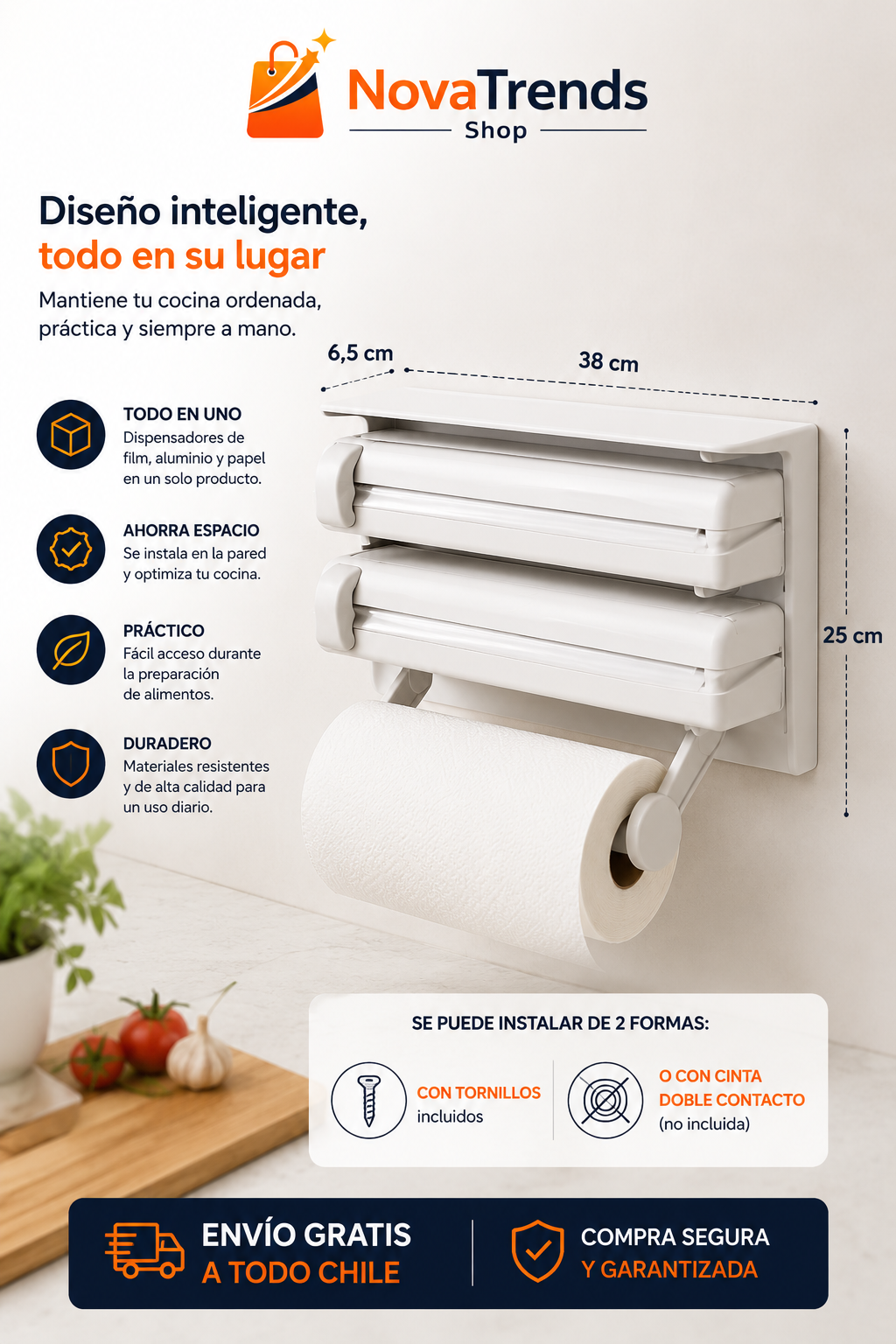Dispensador de Papel 3 en 1  Corta Fácil
