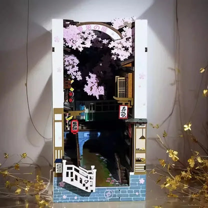 Sujetalibros de flor de cerezo, casas de muñecas japonesas, juguetes, estantería, bricolaje, rincón de libros de madera, Kits de inserción, regalos en miniatura, decoración del hogar
