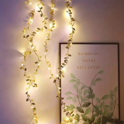 Guirnalda de luces Led de alambre de cobre con batería, 20Led, hojas pequeñas doradas, decoración de Navidad, bricolaje, boda, fiesta en casa, 2M, 1 unidad