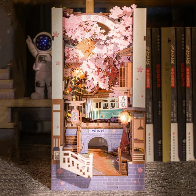 Sujetalibros de flor de cerezo, casas de muñecas japonesas, juguetes, estantería, bricolaje, rincón de libros de madera, Kits de inserción, regalos en miniatura, decoración del hogar