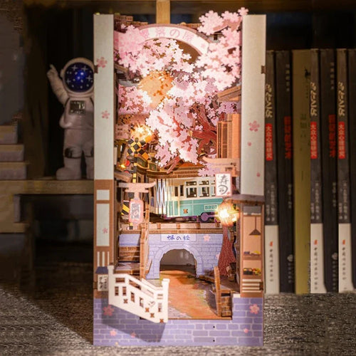 Sujetalibros de flor de cerezo, casas de muñecas japonesas, juguetes, estantería, bricolaje, rincón de libros de madera, Kits de inserción, regalos en miniatura, decoración del hogar