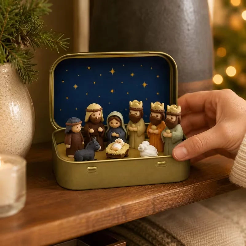Pequeña escena de la Natividad, en formato de bolsillo, con estatua metálica, en una caja, una decoración religiosa portátil para el escritorio y un recuerdo navideño cristiano.