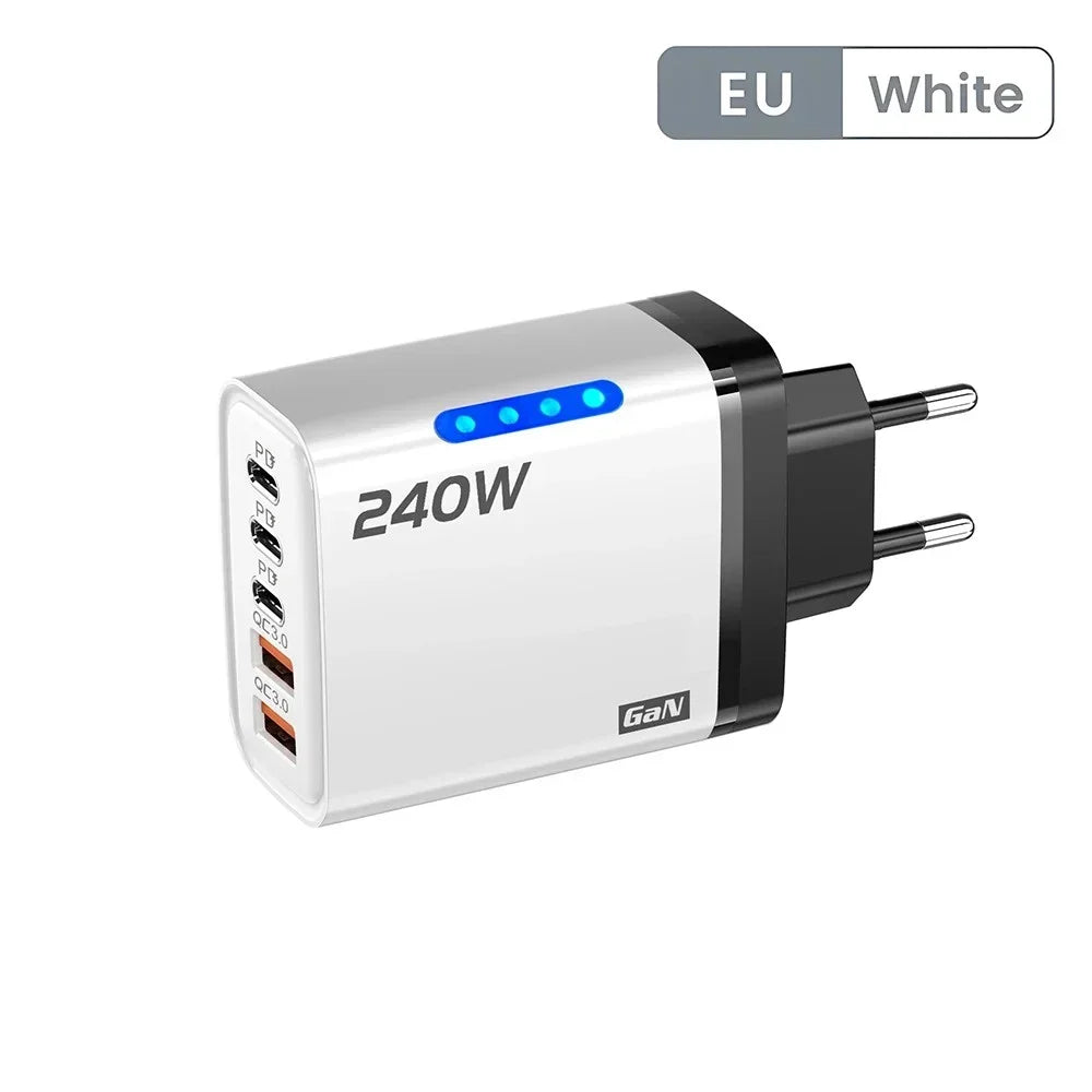 Cargador Rápido Multipuerto de 240 W con 5 Puertos USB C PD QC3.0 para iPhone, Samsung, Huawei, Xiaomi, Laptop, Tablet, Adaptador de Carga Rápida