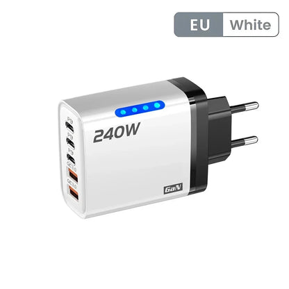 Cargador Rápido Multipuerto de 240 W con 5 Puertos USB C PD QC3.0 para iPhone, Samsung, Huawei, Xiaomi, Laptop, Tablet, Adaptador de Carga Rápida