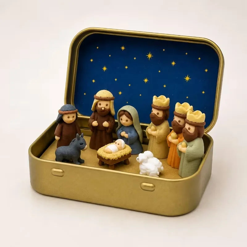 Pequeña escena de la Natividad, en formato de bolsillo, con estatua metálica, en una caja, una decoración religiosa portátil para el escritorio y un recuerdo navideño cristiano.