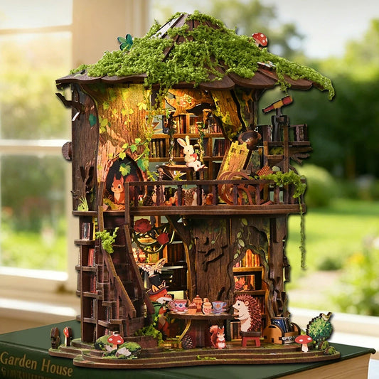 Kit de Modelo en Miniatura de Madera DIY para Club de Lectura Temático de Bosque, con Muebles y Luces LED, Casa de Muñecas, Regalo de Cumpleaños para Amigos