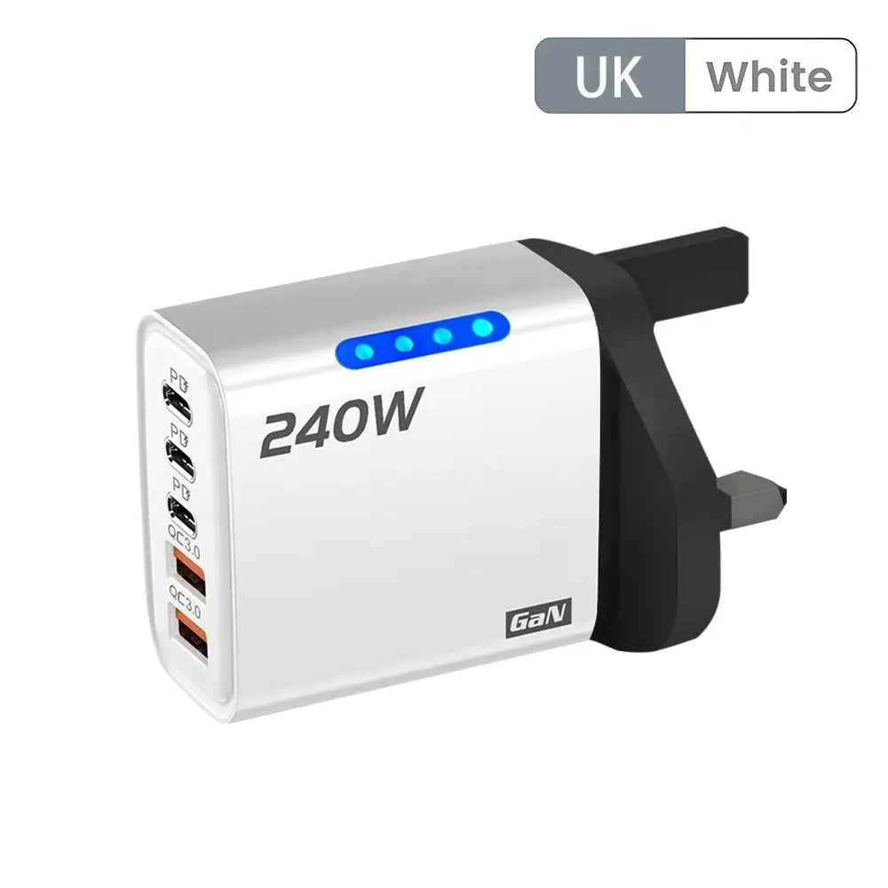Cargador Rápido Multipuerto de 240 W con 5 Puertos USB C PD QC3.0 para iPhone, Samsung, Huawei, Xiaomi, Laptop, Tablet, Adaptador de Carga Rápida