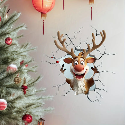 Calcomanía de pared rompe de renos 3D, pegatinas de vinilo de pared navideñas, decoración navideña extraíble para el hogar y los espacios vivos