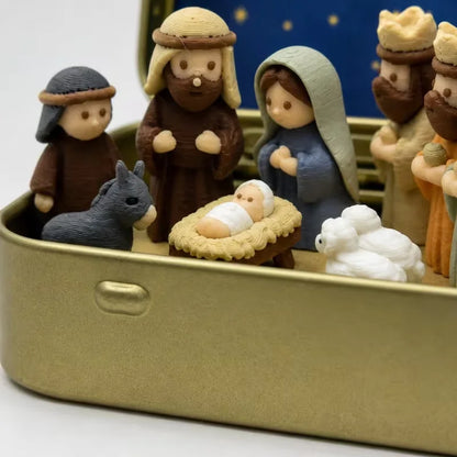Pequeña escena de la Natividad, en formato de bolsillo, con estatua metálica, en una caja, una decoración religiosa portátil para el escritorio y un recuerdo navideño cristiano.