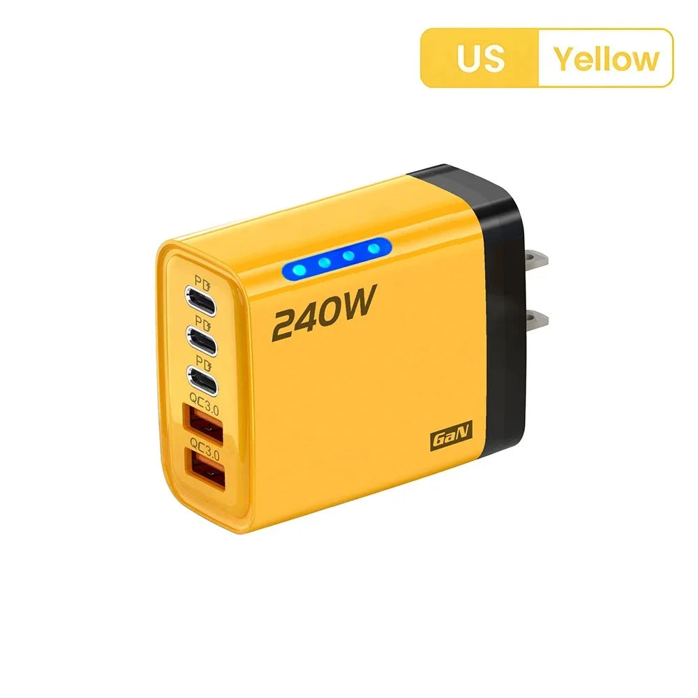 Cargador Rápido Multipuerto de 240 W con 5 Puertos USB C PD QC3.0 para iPhone, Samsung, Huawei, Xiaomi, Laptop, Tablet, Adaptador de Carga Rápida