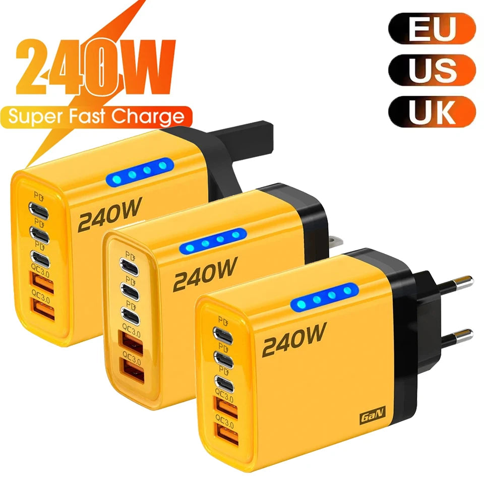 Cargador Rápido Multipuerto de 240 W con 5 Puertos USB C PD QC3.0 para iPhone, Samsung, Huawei, Xiaomi, Laptop, Tablet, Adaptador de Carga Rápida