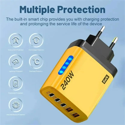 Cargador Rápido Multipuerto de 240 W con 5 Puertos USB C PD QC3.0 para iPhone, Samsung, Huawei, Xiaomi, Laptop, Tablet, Adaptador de Carga Rápida