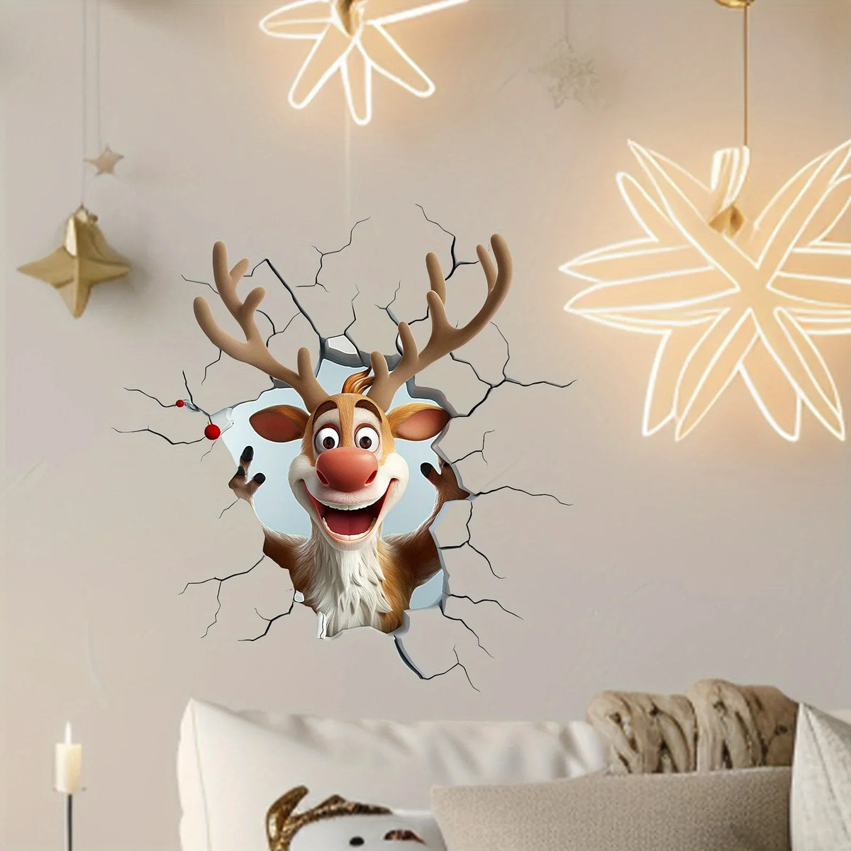 Calcomanía de pared rompe de renos 3D, pegatinas de vinilo de pared navideñas, decoración navideña extraíble para el hogar y los espacios vivos
