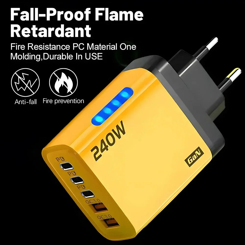 Cargador Rápido Multipuerto de 240 W con 5 Puertos USB C PD QC3.0 para iPhone, Samsung, Huawei, Xiaomi, Laptop, Tablet, Adaptador de Carga Rápida