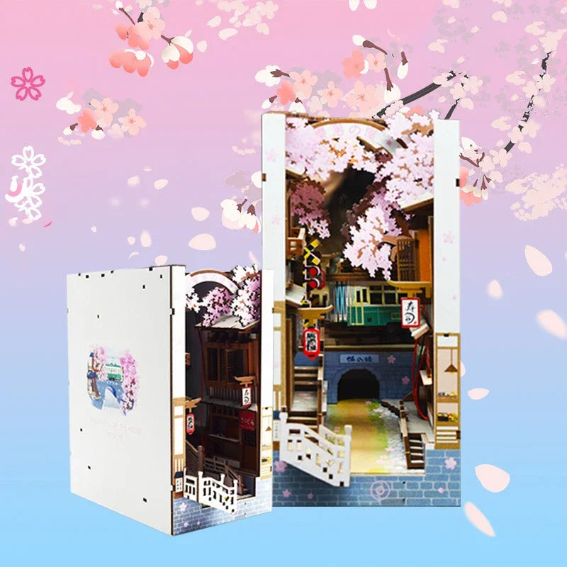 Sujetalibros de flor de cerezo, casas de muñecas japonesas, juguetes, estantería, bricolaje, rincón de libros de madera, Kits de inserción, regalos en miniatura, decoración del hogar