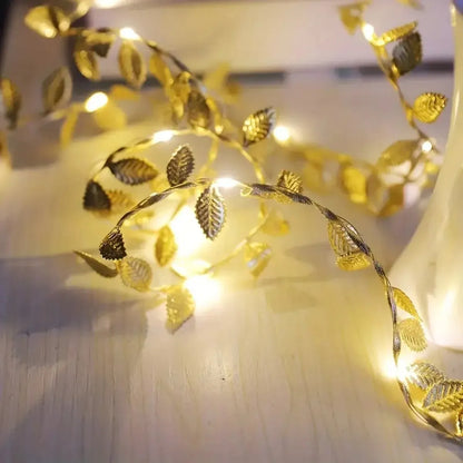 Guirnalda de luces Led de alambre de cobre con batería, 20Led, hojas pequeñas doradas, decoración de Navidad, bricolaje, boda, fiesta en casa, 2M, 1 unidad