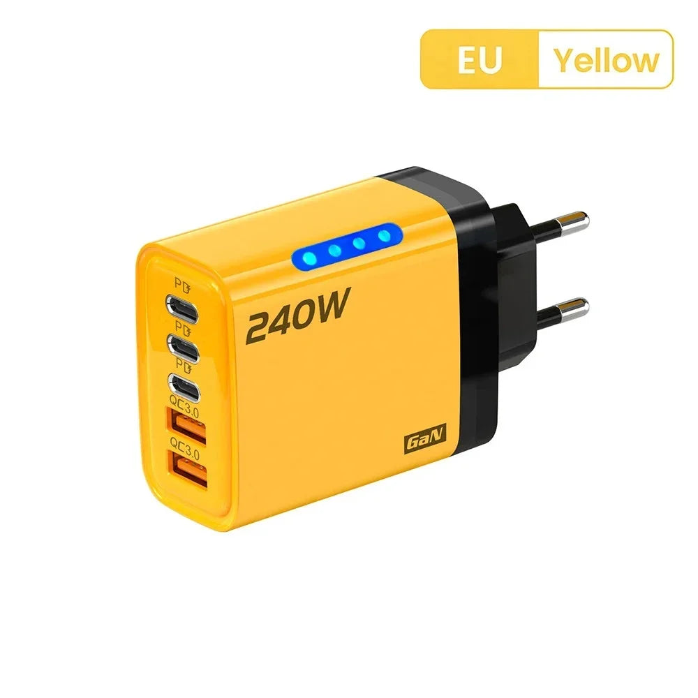 Cargador Rápido Multipuerto de 240 W con 5 Puertos USB C PD QC3.0 para iPhone, Samsung, Huawei, Xiaomi, Laptop, Tablet, Adaptador de Carga Rápida