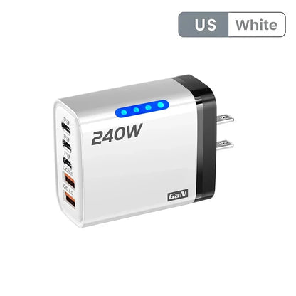 Cargador Rápido Multipuerto de 240 W con 5 Puertos USB C PD QC3.0 para iPhone, Samsung, Huawei, Xiaomi, Laptop, Tablet, Adaptador de Carga Rápida