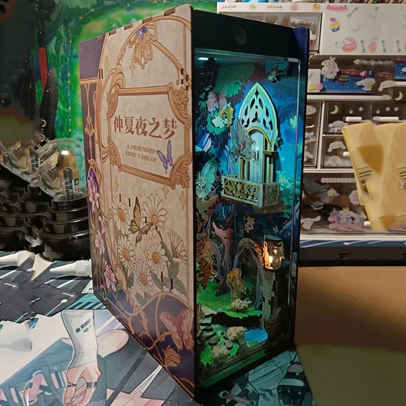 Sujetalibros de flor de cerezo, casas de muñecas japonesas, juguetes, estantería, bricolaje, rincón de libros de madera, Kits de inserción, regalos en miniatura, decoración del hogar