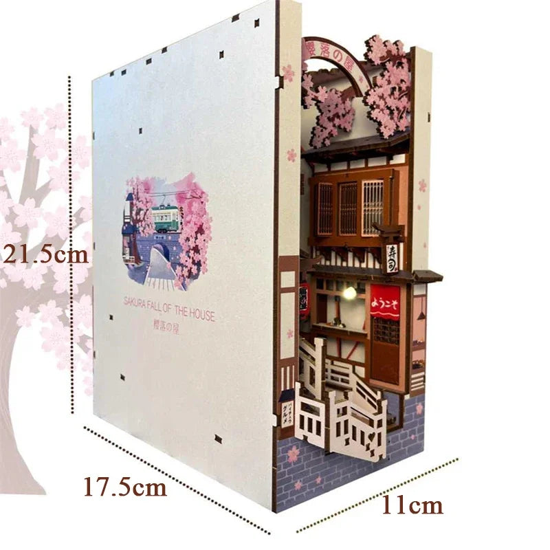 Sujetalibros de flor de cerezo, casas de muñecas japonesas, juguetes, estantería, bricolaje, rincón de libros de madera, Kits de inserción, regalos en miniatura, decoración del hogar