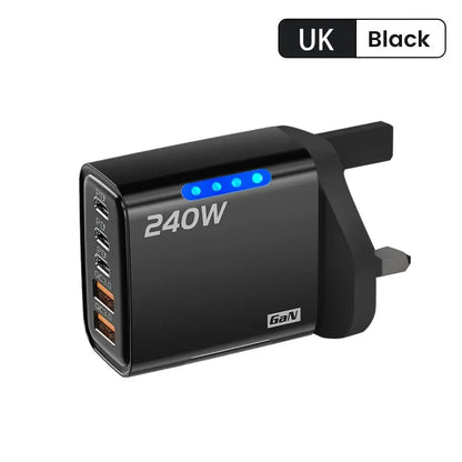 Cargador Rápido Multipuerto de 240 W con 5 Puertos USB C PD QC3.0 para iPhone, Samsung, Huawei, Xiaomi, Laptop, Tablet, Adaptador de Carga Rápida