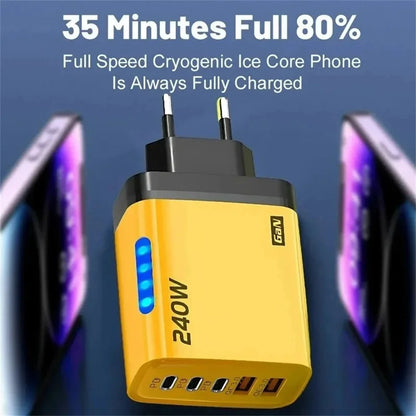 Cargador Rápido Multipuerto de 240 W con 5 Puertos USB C PD QC3.0 para iPhone, Samsung, Huawei, Xiaomi, Laptop, Tablet, Adaptador de Carga Rápida