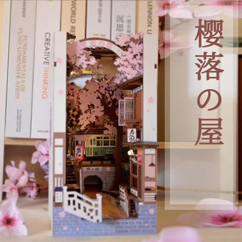 Sujetalibros de flor de cerezo, casas de muñecas japonesas, juguetes, estantería, bricolaje, rincón de libros de madera, Kits de inserción, regalos en miniatura, decoración del hogar