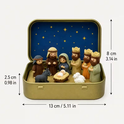 Pequeña escena de la Natividad, en formato de bolsillo, con estatua metálica, en una caja, una decoración religiosa portátil para el escritorio y un recuerdo navideño cristiano.