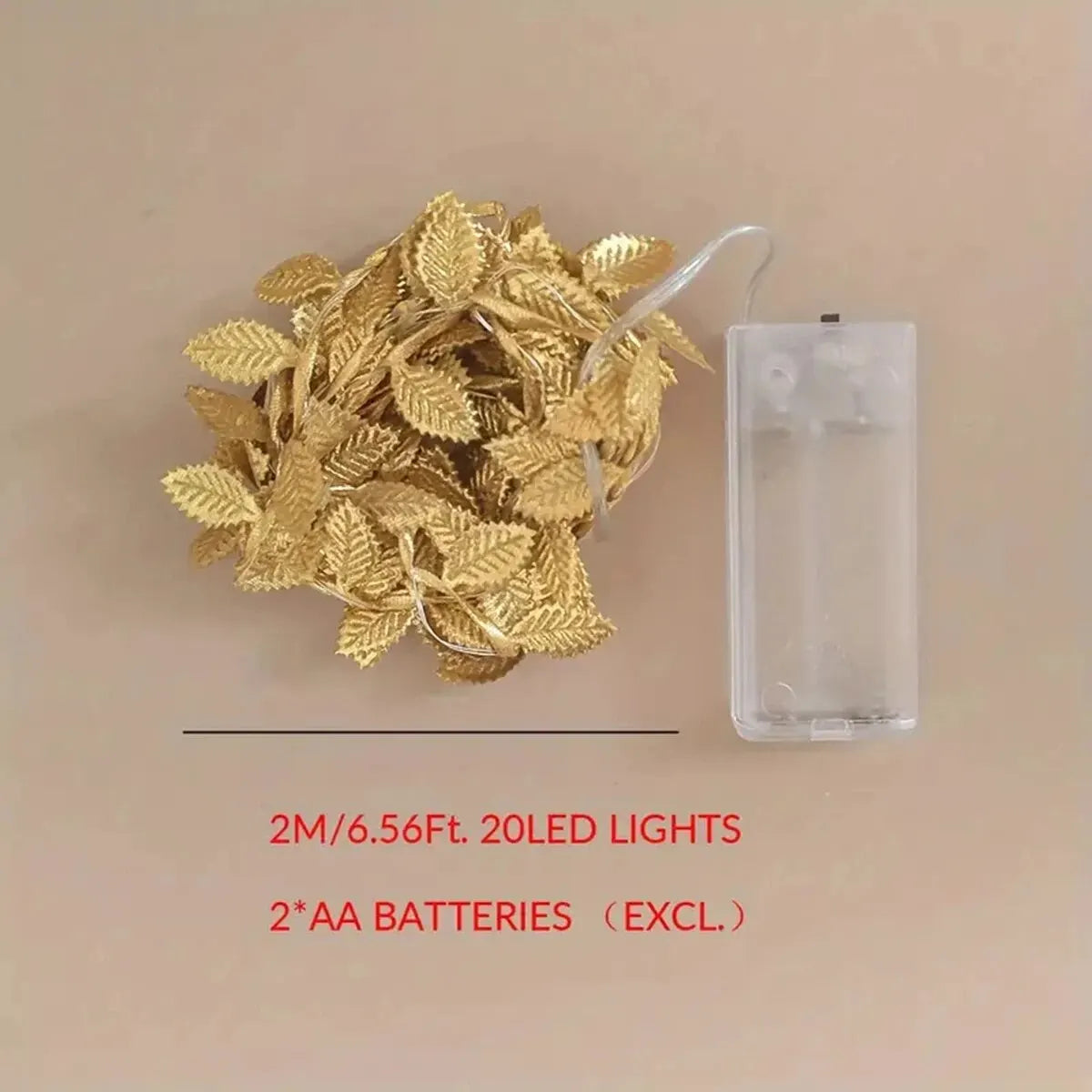 Guirnalda de luces Led de alambre de cobre con batería, 20Led, hojas pequeñas doradas, decoración de Navidad, bricolaje, boda, fiesta en casa, 2M, 1 unidad