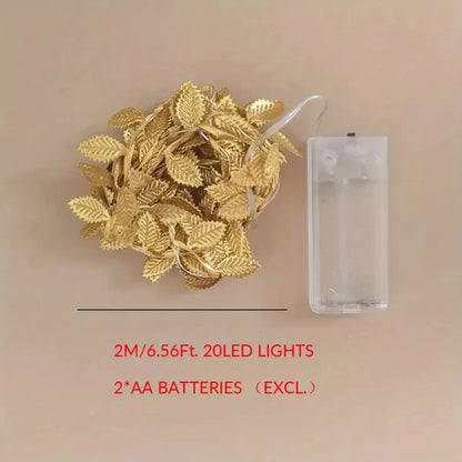 Guirnalda de luces Led de alambre de cobre con batería, 20Led, hojas pequeñas doradas, decoración de Navidad, bricolaje, boda, fiesta en casa, 2M, 1 unidad