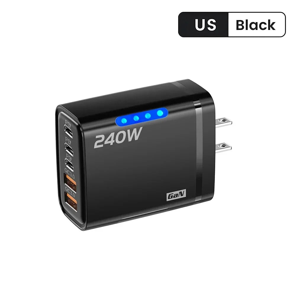 Cargador Rápido Multipuerto de 240 W con 5 Puertos USB C PD QC3.0 para iPhone, Samsung, Huawei, Xiaomi, Laptop, Tablet, Adaptador de Carga Rápida