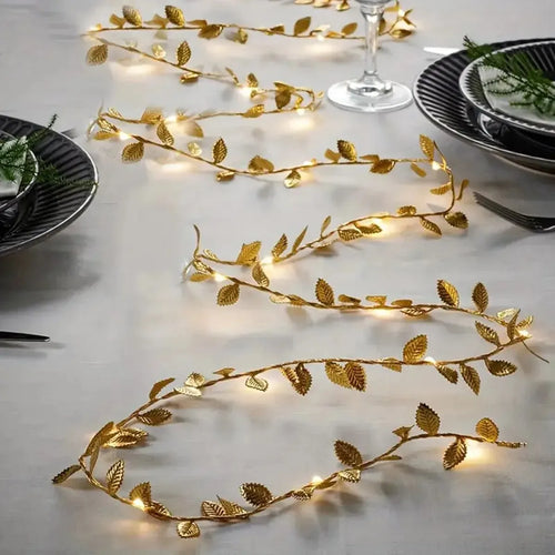 Guirnalda de luces Led de alambre de cobre con batería, 20Led, hojas pequeñas doradas, decoración de Navidad, bricolaje, boda, fiesta en casa, 2M, 1 unidad