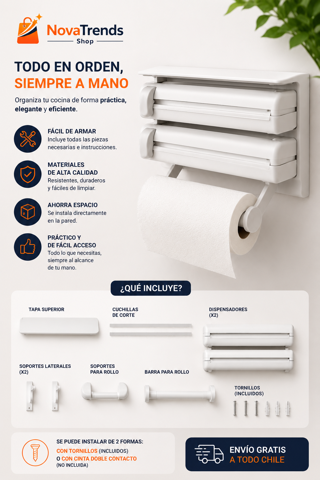 Dispensador de Papel 3 en 1  Corta Fácil